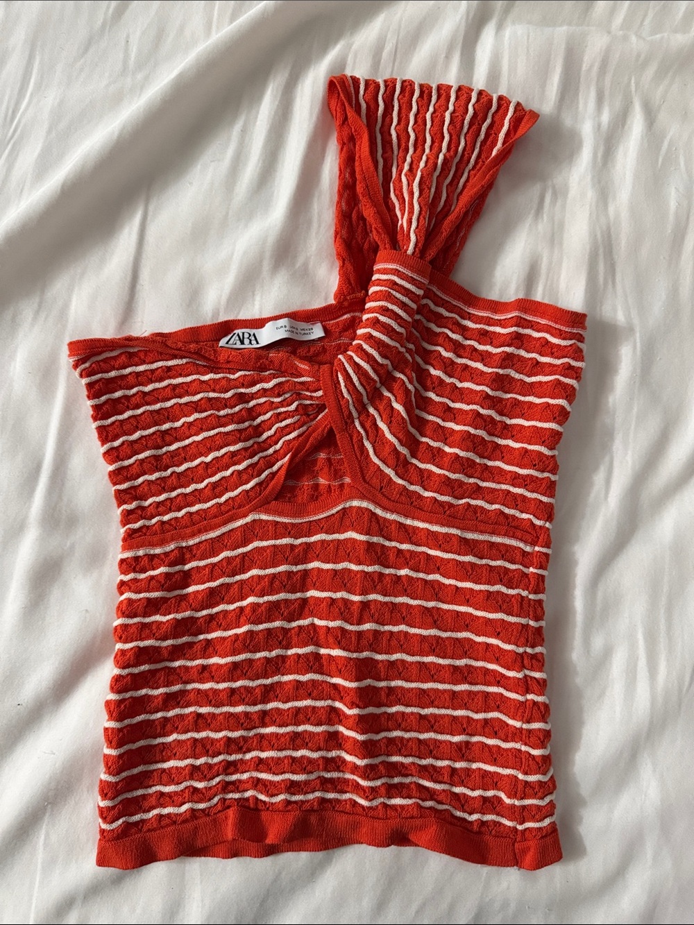 Zara Red and White Striped One-Shoulder Twist Knit Tank